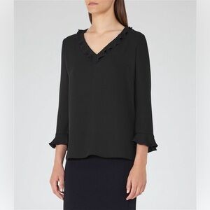 Reiss Black Kelis Long Sleeve Ruffle V-neck Blouse w/ Blue Trim Size 4